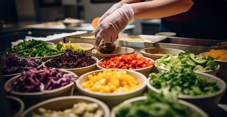 Desperdício de alimentos em restaurantes: cozinheiro organizando os alimentos em bowls que estão posicionados sobre um balcão. 